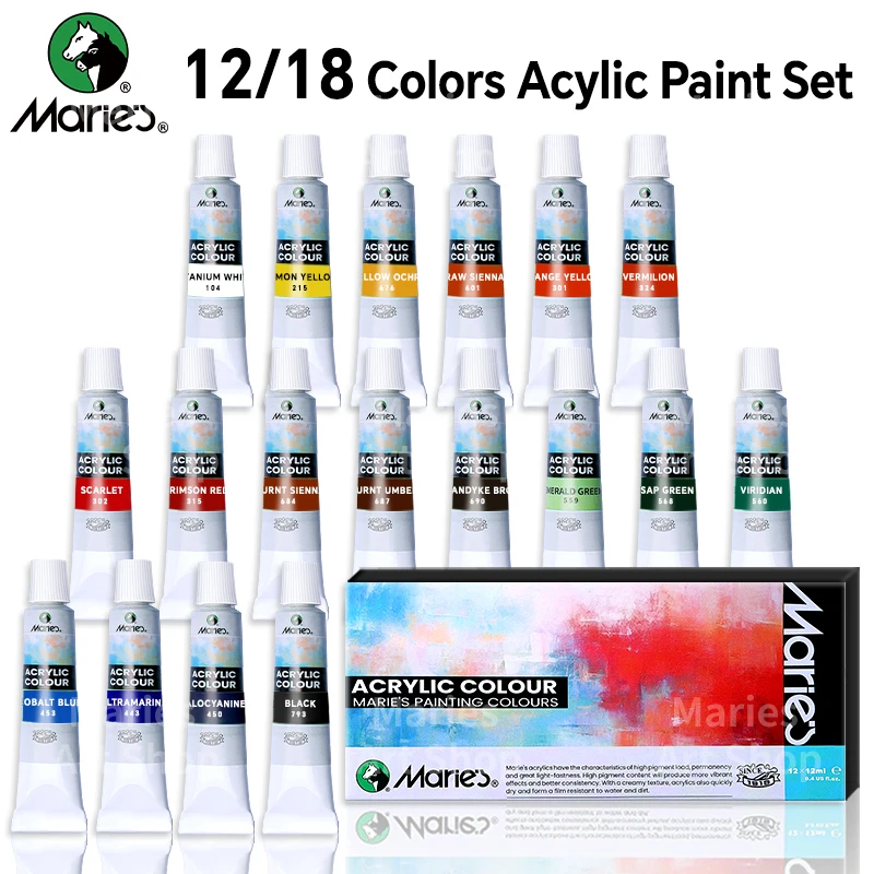 Marie's Acrylic Paint Set,12/18 Colors x 0.41oz/12 ml Tubes,Professional on Rocks,Canvas,Wood,Crafts,Paper,Wood,Rock for All-age