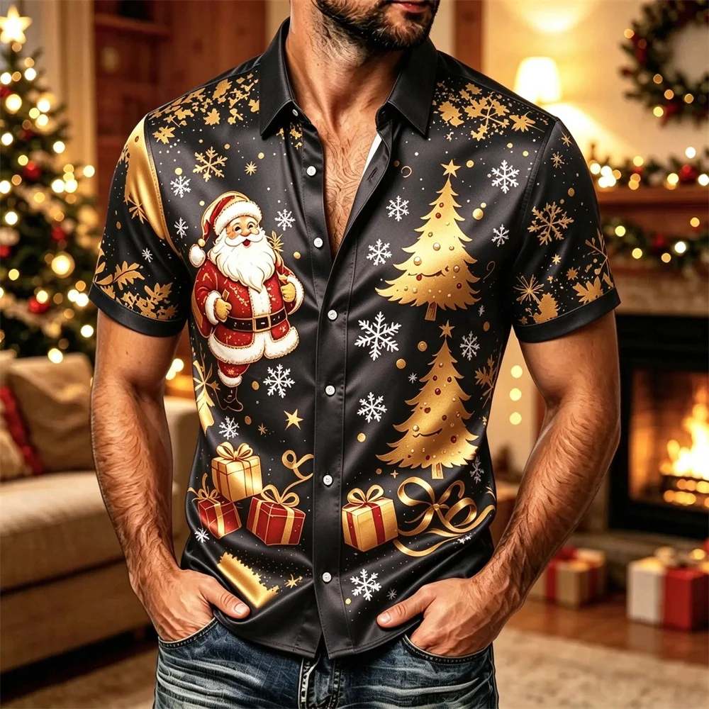 Men's Christmas shirt, satin shirt, decorated with Santa Claus and Christmas tree patterns, button design, daily casual, fast sh