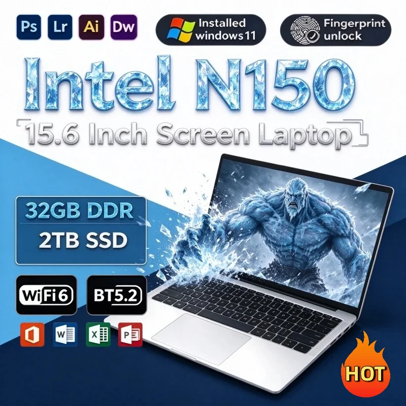 15.6 Inch Full HD IPS Laptop 120Hz Screen Intel Core N150 32GB RAM 2TB SSD Backlit Keyboard Long Battery Life Windows 11