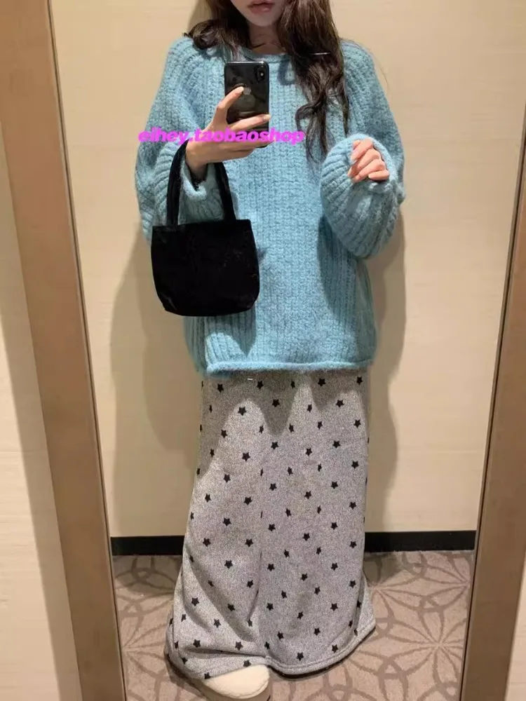 

Korobov Star Y2k Vintage Skirts Elastic Waist Belt Slim Casual Straight Skirt Long Skirt Korean Fashion Faldas Para Mujeres