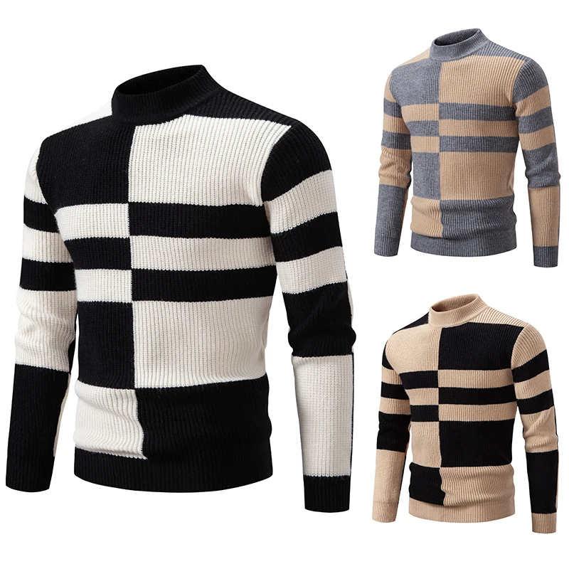 New Men's Black and White Striped Turtleneck Sweater Fashion Long Sleeve Knitted Sheep Wool Sweater