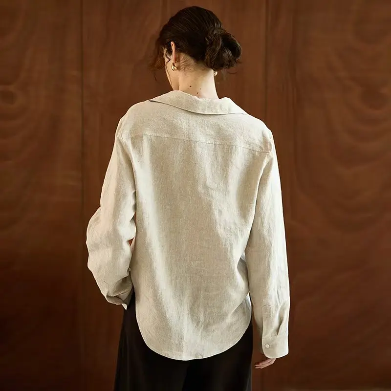 100% Linen Long-Sleeve Women's Shirt High-Quality V-Neck Design Loose-Fit Shirts with Lapel Spring Office Ladies Tops