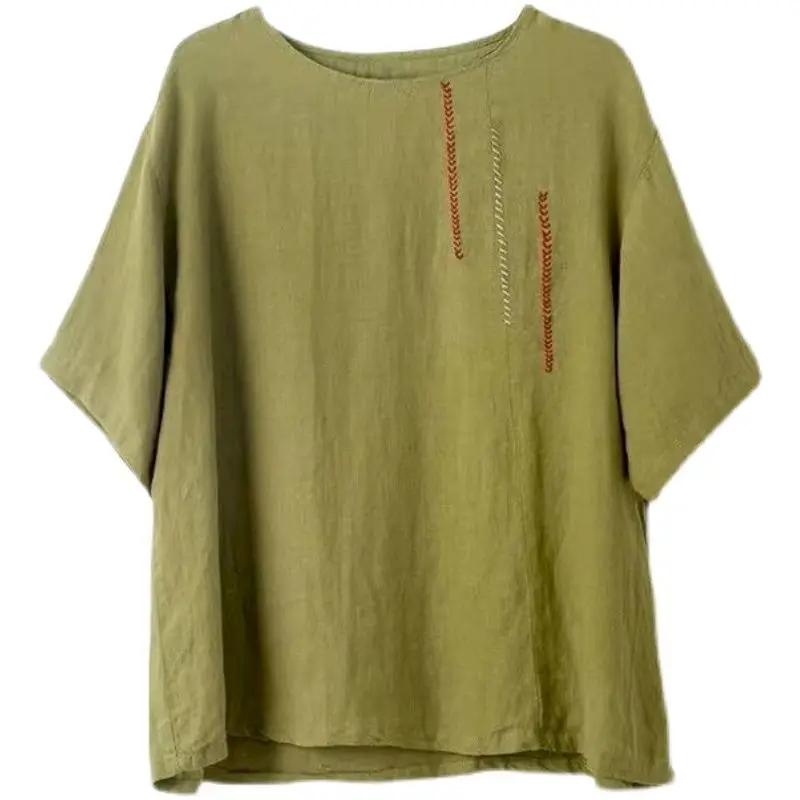 القطن الكتان تي شيرت المرأة موضة التطريز تنفس تي شيرت عادية فضفاضة قصيرة الأكمام Top الاتجاه الصيف رقيقة التي شيرت #6