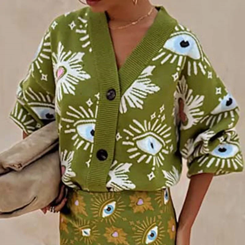 เสื้อคาร์ดิแกนถักคอวีสีตัดกันสไตล์วินเทจ แขนยาวพิมพ์ลาย เสื้อสเวตเตอร์ผู้หญิงทรงหลวม สไตล์ลำลอง เหมาะสำหรับใส่ไปทำงาน
