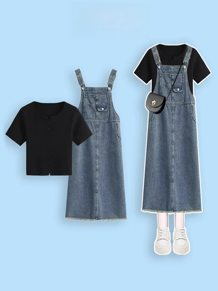 

2024 New Dopane College Sle Denim Skirt Women's Summer Blue Dr ort Sve round Ne Two-Piece Set Buttoning Dr