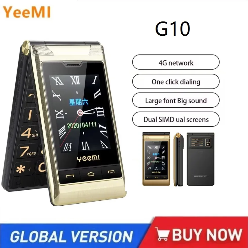 YeeMI G10 4G Rugged Feature Phone Big Button Full Band Flip Phone Dual SIM Dual Screen 1800mAh Big Battery Cellphone For Elderly