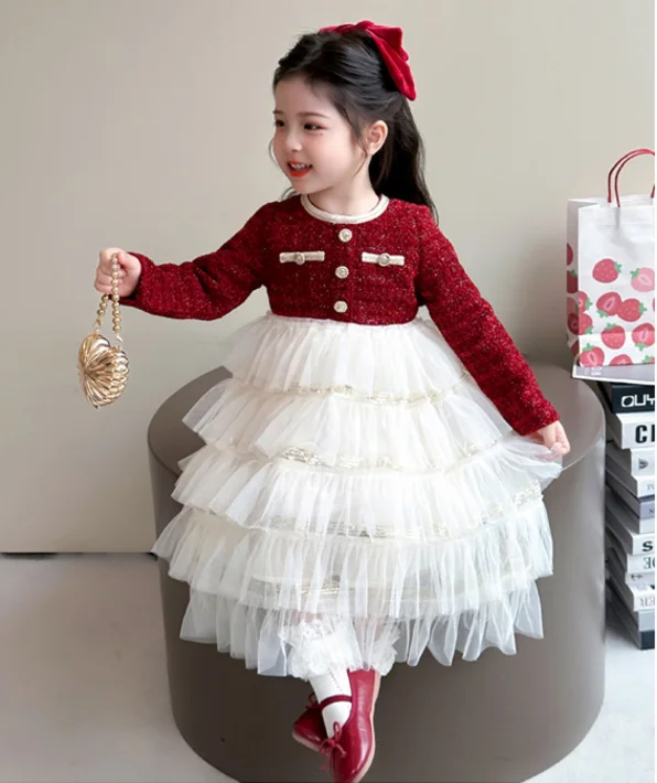 

New Baby Fall Long Sleeve Wine Red Elegant Tutu Dress, Princess Kids Fashion Party Dresses 2-7 T
