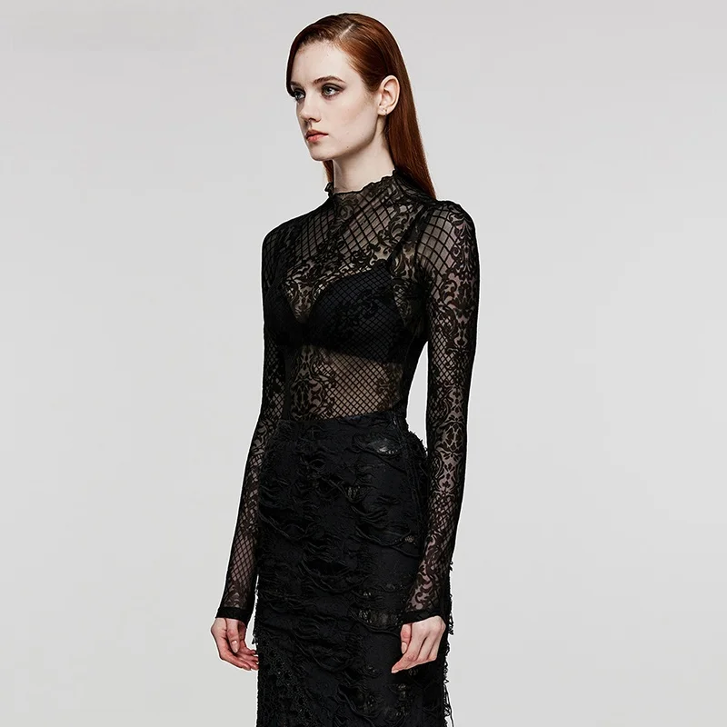 

Gothic Sle Hollow out T-irt Simple k Punk Rave Women's Faion Me Fabric Long Sve Summer Top for Ladies