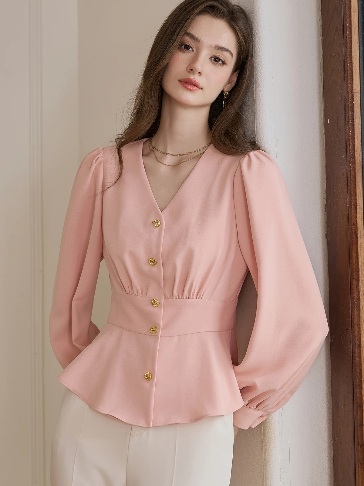 Pink Bubble Sve irt Vita cinched V Ne Ruffle Hem French Sle Donna Slim Fit irt Long Sve Pure Color 2025 Autu...