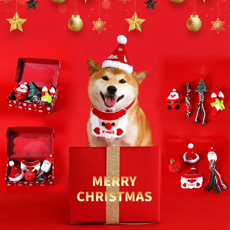 Christmas Pet Dog Toy Ball Set Dog Toy Pet Dog Gift Box Hat Bib Plush Sound Knot Toy Apple Set Old Man Tree Gift Christmas Gift