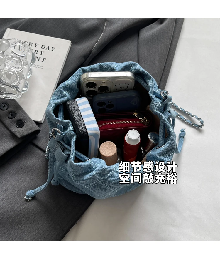 Denim Bucket Shoudler Crossbody Bag for Women Casual Tote Handbag and Purses 2024 New Trendy Clutches Lady‘s Messenger Bag