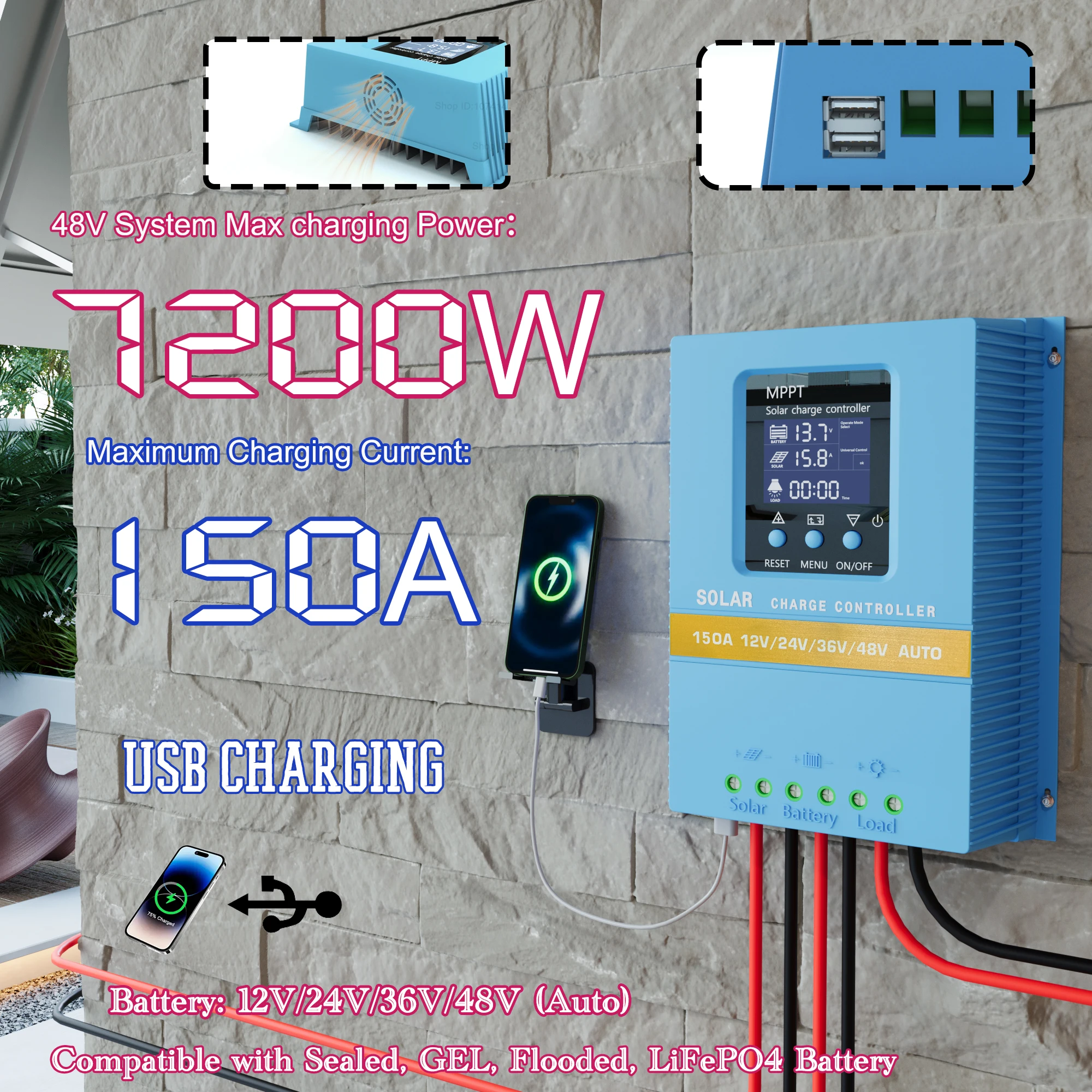 150A Max 7200W 120A 100A 60A Solar Charge Controller MPPT Smart cooling -fan, 12V/24V/36V/48V Auto Dual USB, 7 Modes LCD Display