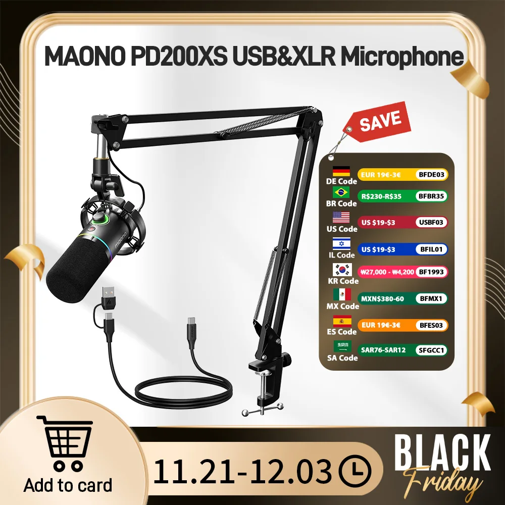 Maono PD200XS Dynamic Microphone XLR/USB Dual mode Dynamic Mic Podcast Mic with Maonolink Software and Gain Knob for Recording