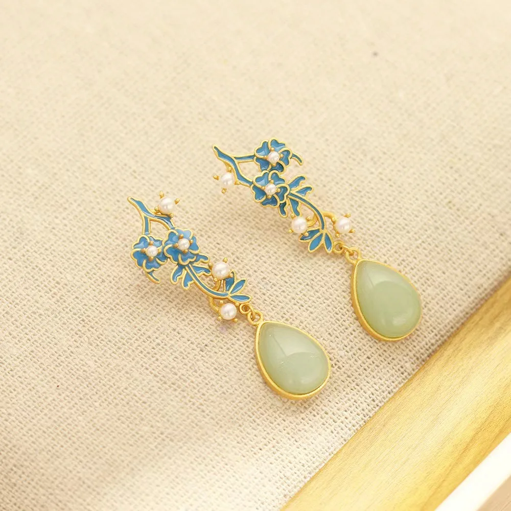 Enamel Craft Natural Hotan Jade Jasper Water Drop earrings for women Vintage Pearl Earings Tassel Party fine Jewelry