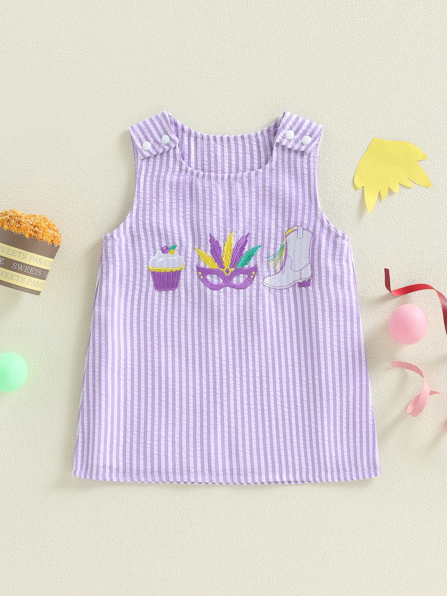 زي كرنفال رائع للفتيات الرضع، فستان مخطط أنيق بدون أكمام مع قناع مطابق #1