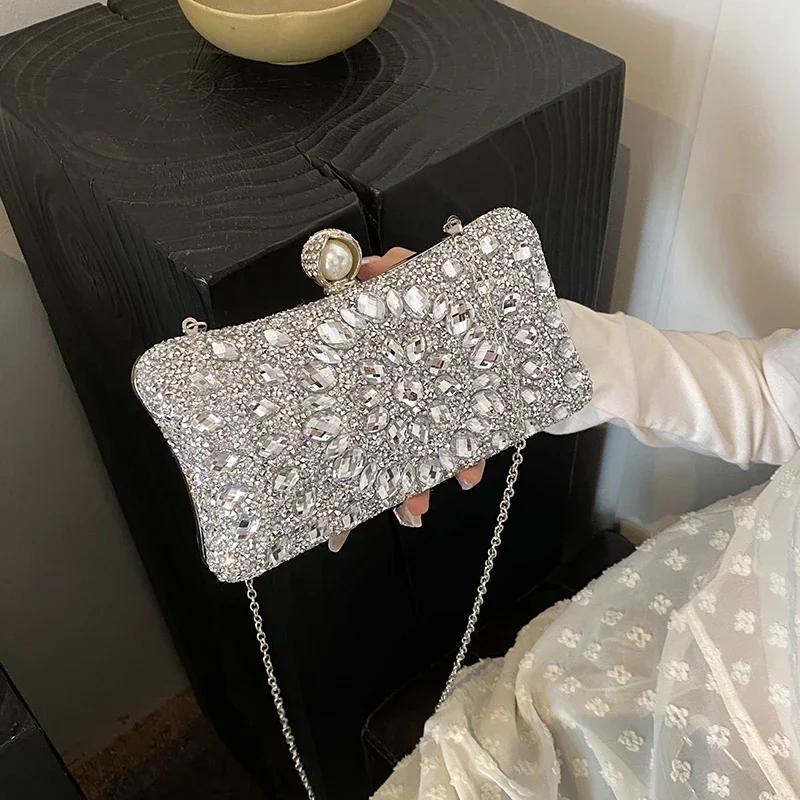 Colorful Rhinestone Studded Dinner Bag 2024 New Fashionable Dress Evening Bag Chain Square Box Shaped Hand-held Bag for Women