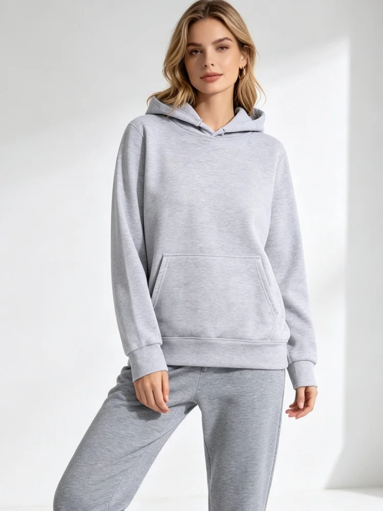 Women's Autumn and Winter Solid Color Minimalist Two-piece Set Hooded Sweat Casual Drawstring Leg Sweat Pants Home Suit