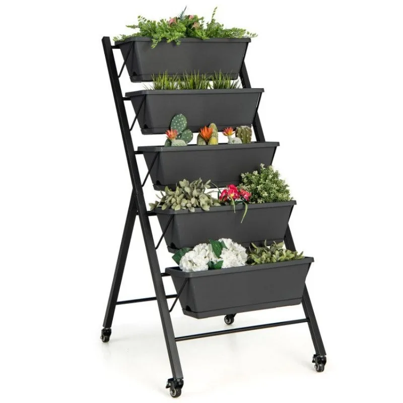 Black 5 Tier Vertical Raised Garden Bed with Wheels and Container Box for Outdoor Furniture