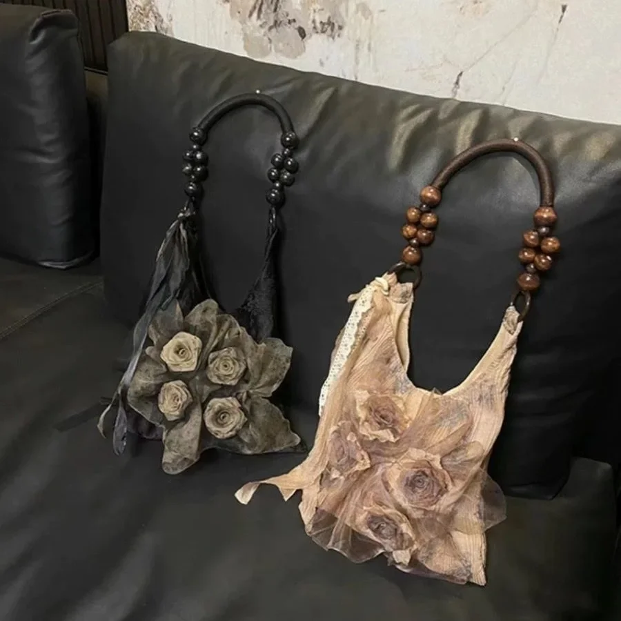 

Chinese Style Rose Decor Shoulder Bags Fashion Commuter Tote Bags Classic Pleated Handbags High Quality Women Underarm Bags