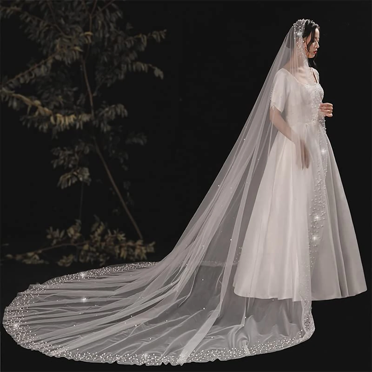 Pearl Edge Bridal Veils For Wedding Cathedral Luxury Tulle With Comb White Ivory Customize 3M