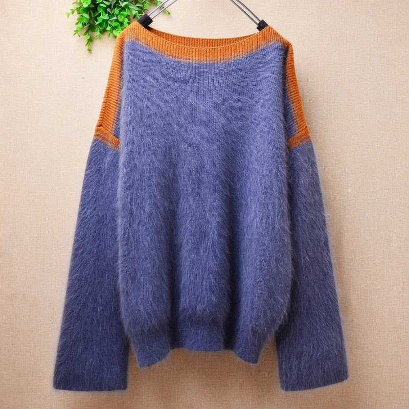 

Female Women Spring Winter Clothing Hairy Angora Rabbit Hair Hand Knitted Slash Neck Loose Pullover Jumper Sweater Pull Tops