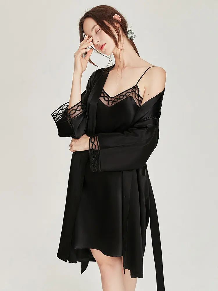 100% Real Silk Robe Nightdress Set 2pcs Home Suit Lace Slip Nightgown & Kimono Night-robe 2pcs Solid Women's Elegant Nightwear