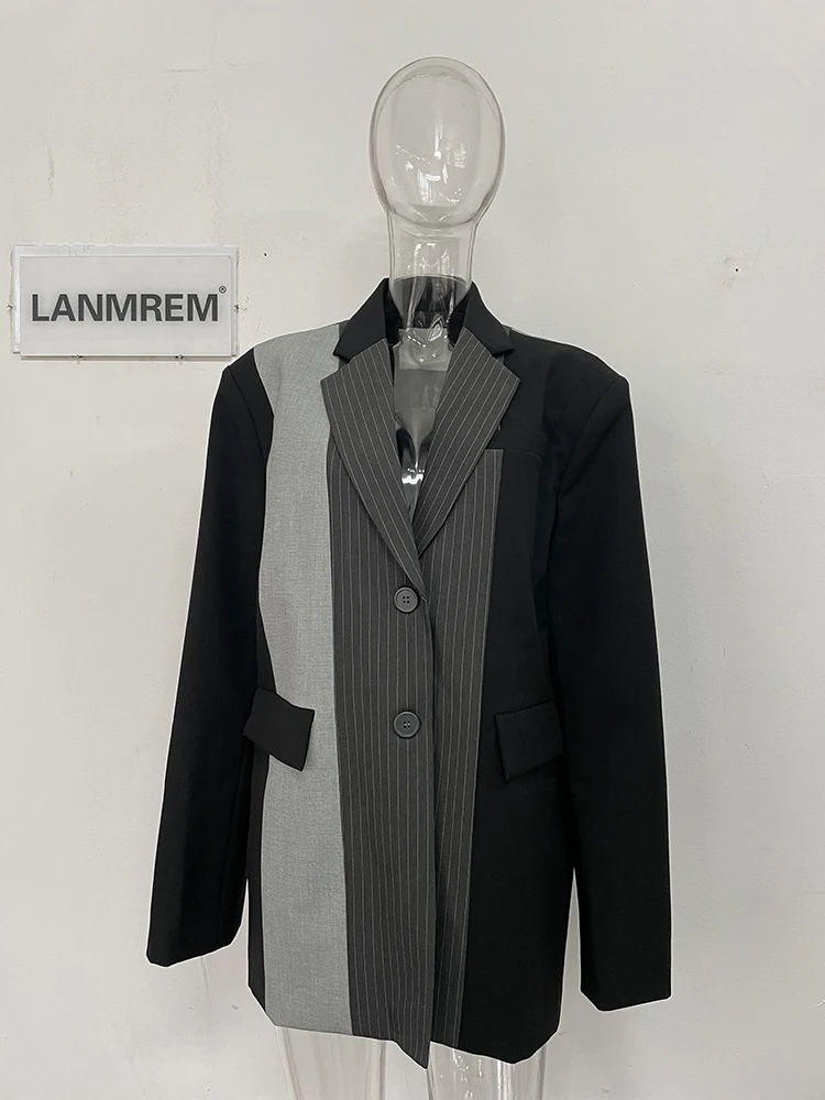 [LANMREM] Designer Spliced Contrast Color Blazers For Women Single Breasted Long Sleeve Tide Jackets 2024 Spring New 26D8908