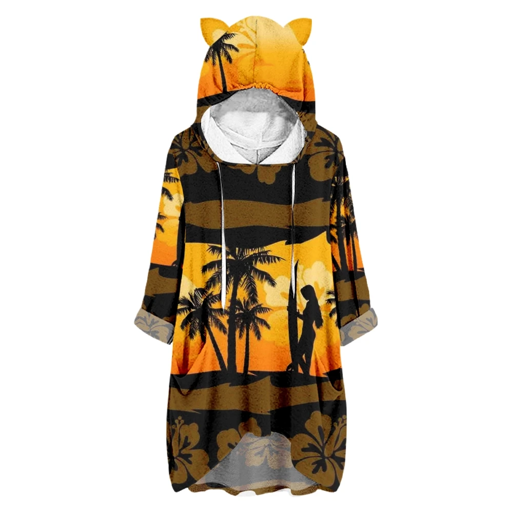 Women's Hawaiian Coconut Tree Printing Hoodie Loose Fashion Half Sleeve Casual Fashion Women Cat Ears Sweatshirt Hoodies