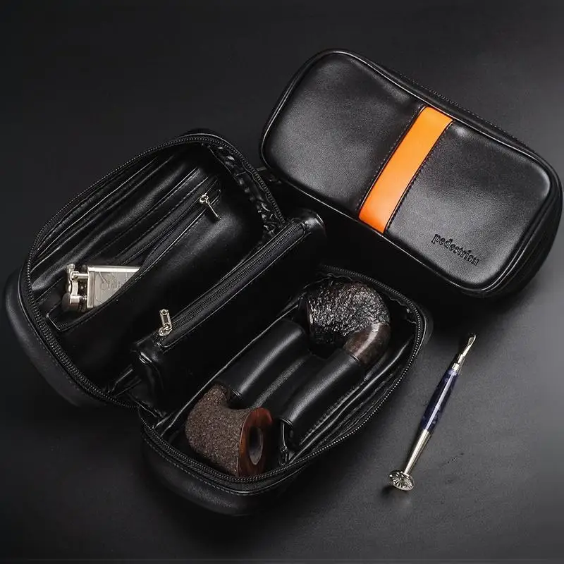Portable PU Leather Tobacco Pipe Travel Storage Case Stores 2 Pipes & Lighter Accessories Perfect for Camping Weekend Trips