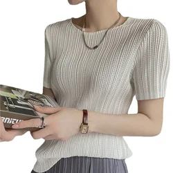 Miyake Pleated Short Sleeve Women's 2023 Summer New Thin Stretch Crew Neck All-Matching Slim Fit Pleated Hollow T-shirt Women