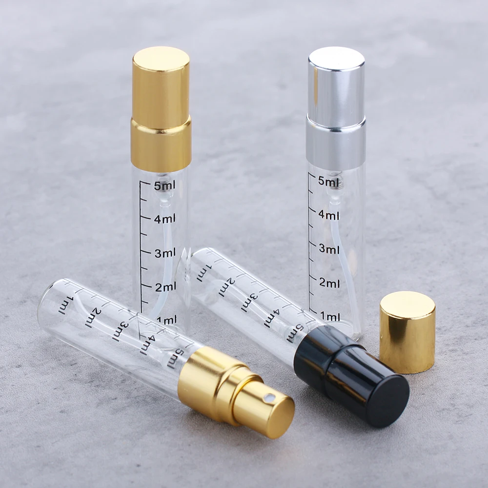 100 個 5 ミリリットルファインミストスプレーボトルポータブル段階ガラス詰め替え香水ボトルサンプル噴霧器空ボトルバイアル