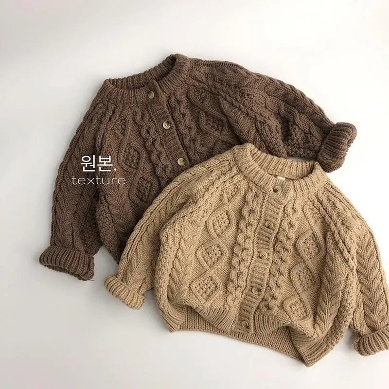 Autumn Winter 2022 Korean Children Sweaters Cardigan Baby Coarse Wool Hemp Retro Cardigan Coat Boys Girls Sweaters