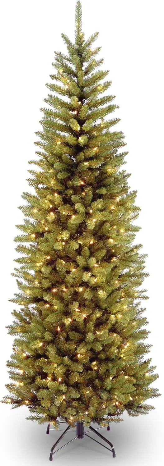 Artificial 7 Ft Pre-Lit Slim Christmas Tree, Kingswood Fir with 300 White Lights, Includes Sturdy Stand, Fire Resistant, Green