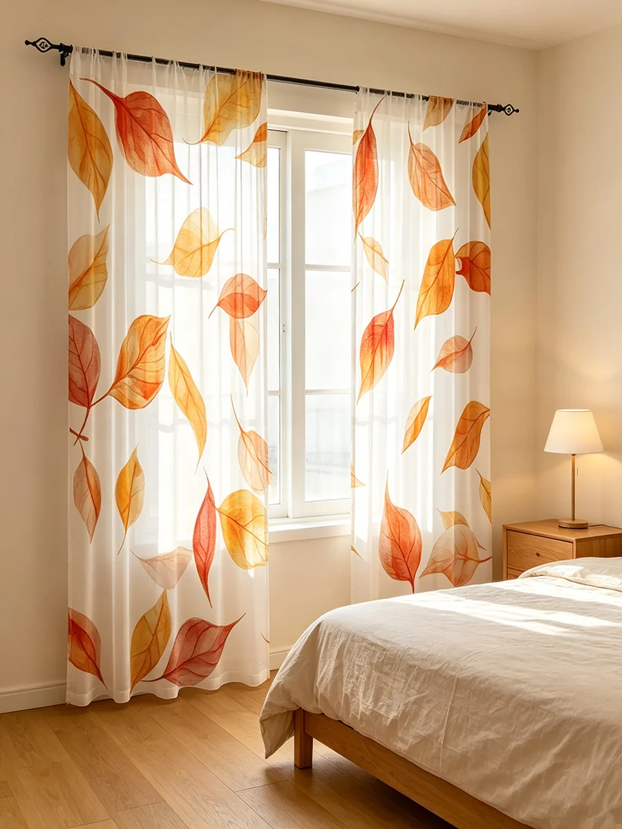 2PCS Digital Print Sheer Curtains, Orange Fall Maple Leaves Pattern, Autumn Window Drapes for Living Room Bedroom Kitchen Decor