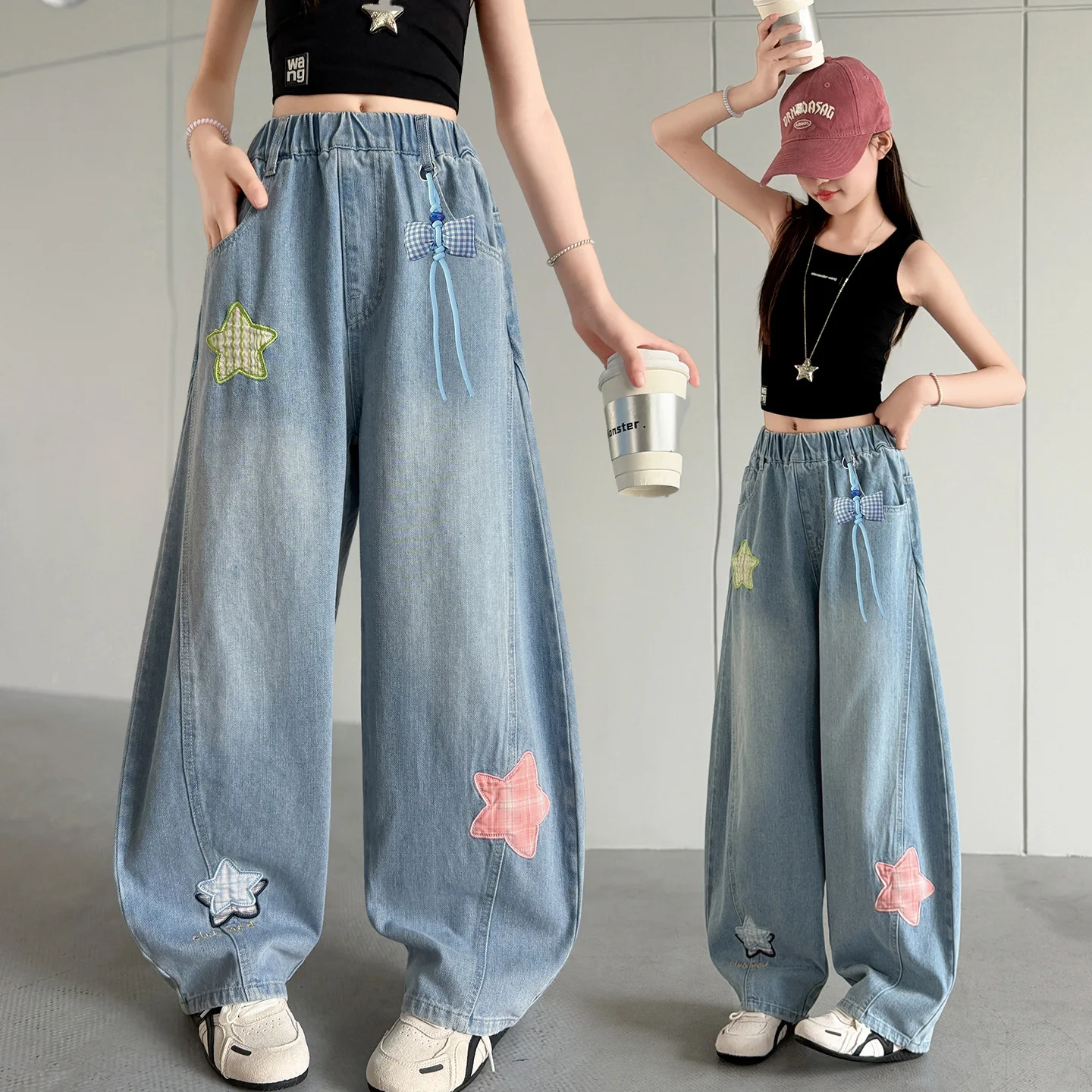 Teen Girls New Trendy Jeans Kid Five-Pointed Star Patch Embroidery Design Wide Leg Saber Pants Children's Casual Korean Trousers