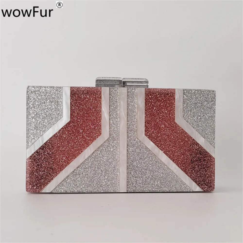 Silver Glitter With Red Glitter Striped Geometric Women Acrylic Box  Evening Clutch Bags Chic Purses And Handbags Wedding Party