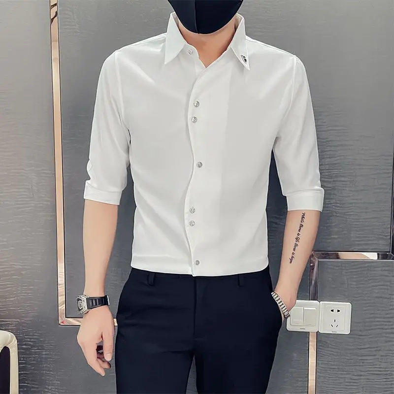 

Business Casual Solid Color Shirts Men's Clothing Stylish Irregular Single-breasted Summer Half Sleeve Basic Polo-Neck Shirts