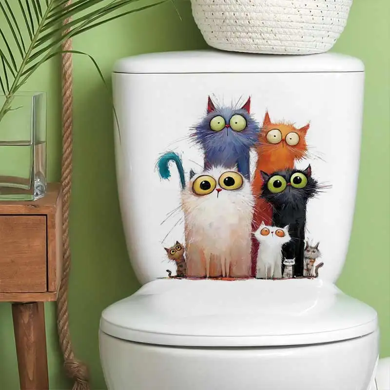 Group Of Quirky Cats Wall Sticker Toilet Lid Stickers, Bedroom Entrance Living Room Porch Home Decora Waterproof Decals S866