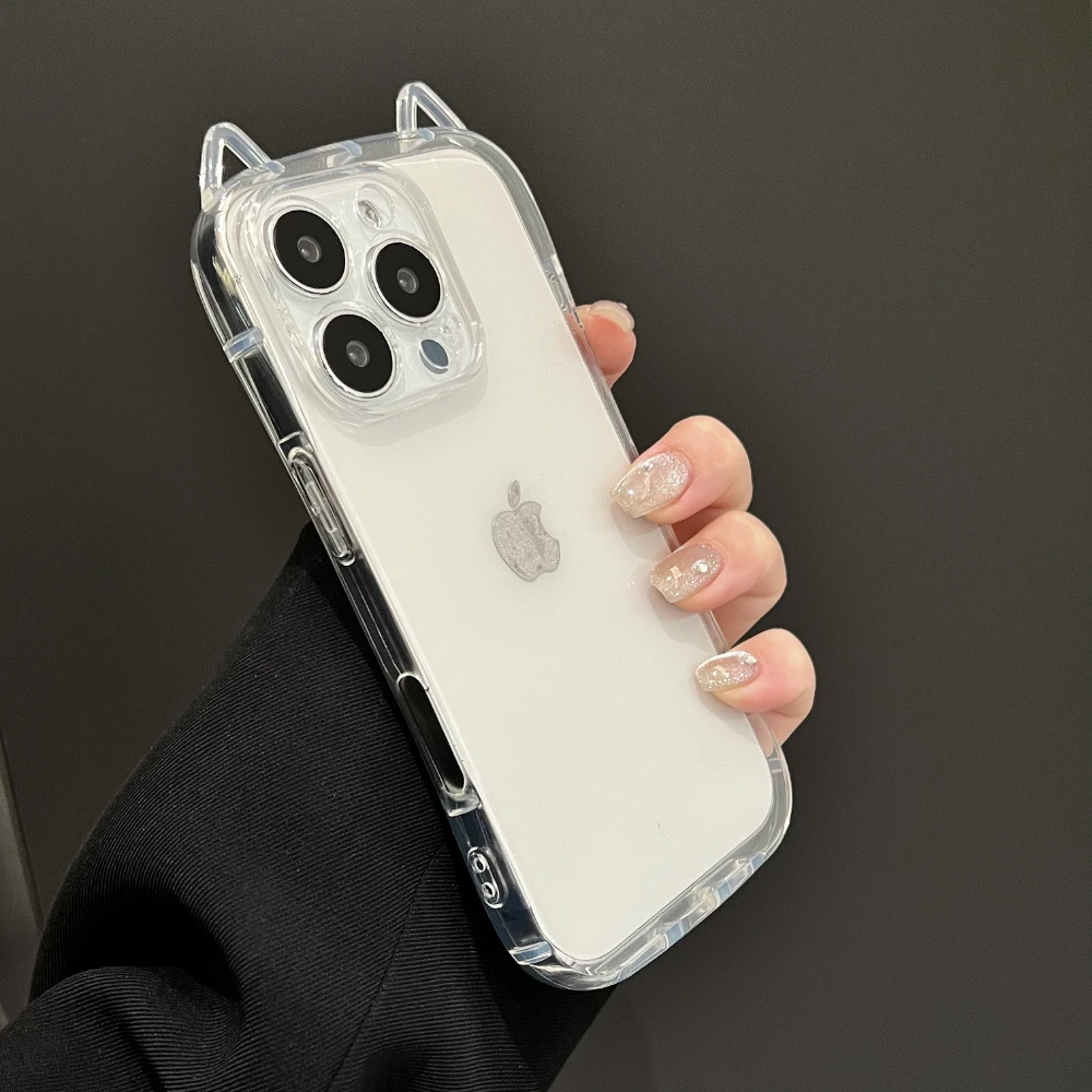 Fashion Clear Cute 3D Cat Ears Phone Case For iPhone 16 15 14 13 12 11 Pro Max 7 8 Plus X XR XS MAX Shockproof Soft TPU Cover