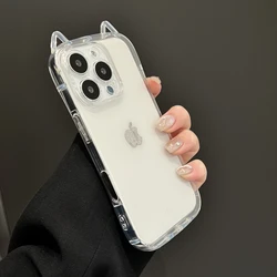 Fashion Clear Cute 3D Cat Ears Phone Case For iPhone 16 15 14 13 12 11 Pro Max 7 8 Plus X XR XS MAX Shockproof Soft TPU Cover