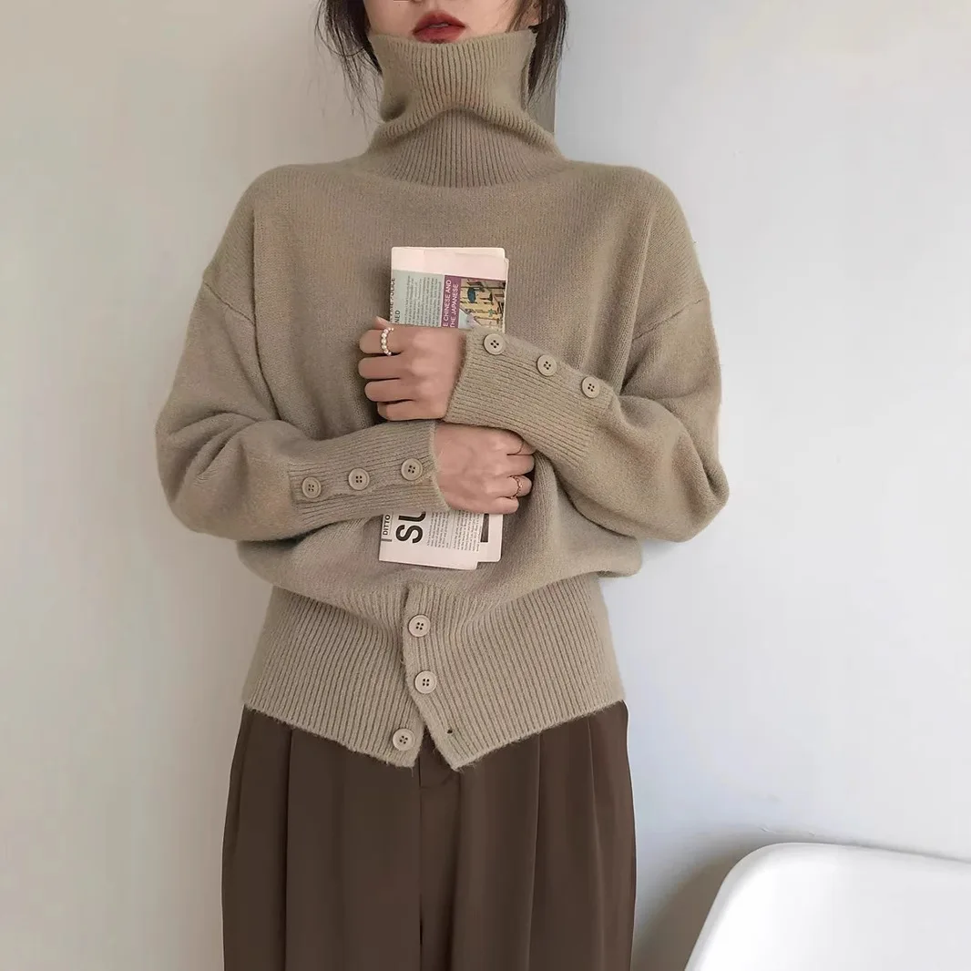 

Women's Autumn Winter High Neck Knitwear Long Sleeve Sweater Button Lazy Thick Warm Pullover