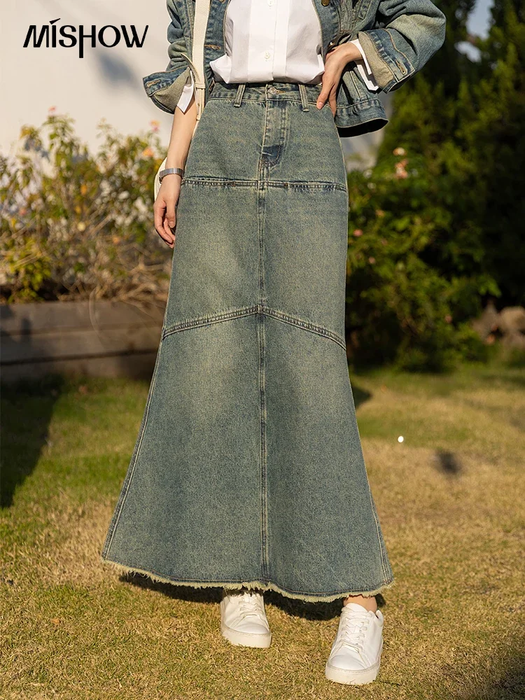 

MISHOW Vintage Denim Skirt Spring High Waist Slim Casual A-line Female Umbrella Ankle-Length Skirts Office Lady MXC11B0636