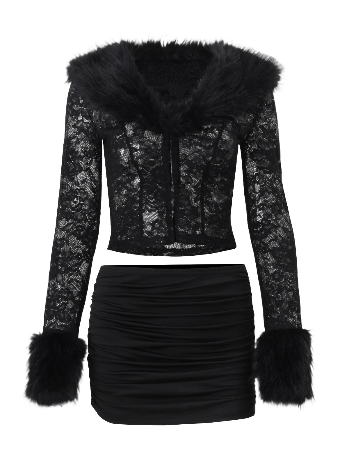 SsTss المرأة 2 قطعة مجموعة أنيقة فو الفراء المرقعة الخامس الرقبة طويلة الأكمام الأزهار الدانتيل المحاصيل الأعلى وتنورة قلم رصاص صغيرة الدعاوى الزي #4