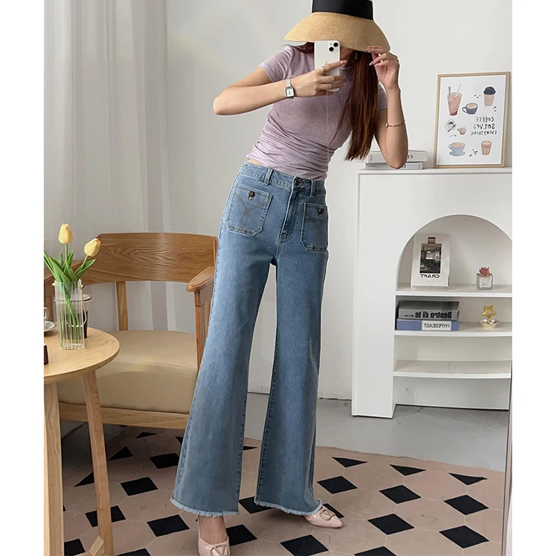 

MICOAT Faionable Retro Gold Button High Waist Wide Leg Jeans Women's Cotton Stretch Denim Blue Jeans Straight Leg Pants
