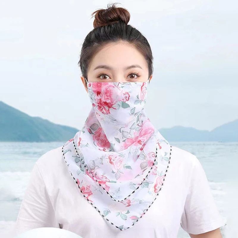 1Pc Women Sun Mask Chiffon Neck Gaiter Hang Ear Chiffon Breathable Balaclava Full Face Mask Ear Loops Dust Wind UV