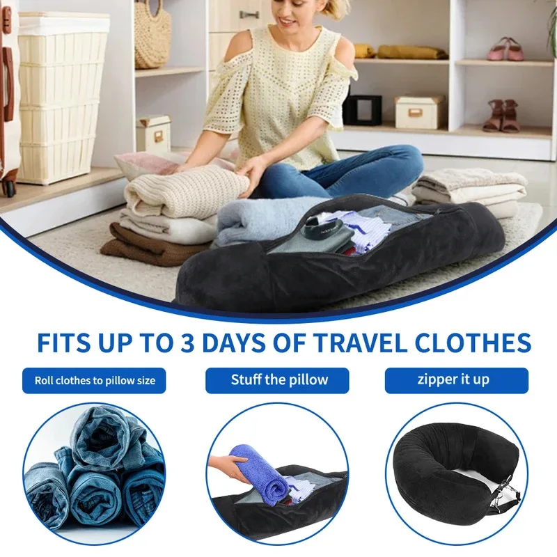 Travel-friendly refillable clothing pillow, U-shaped pillow cover, extra storage bag, suitable for airplane travel.