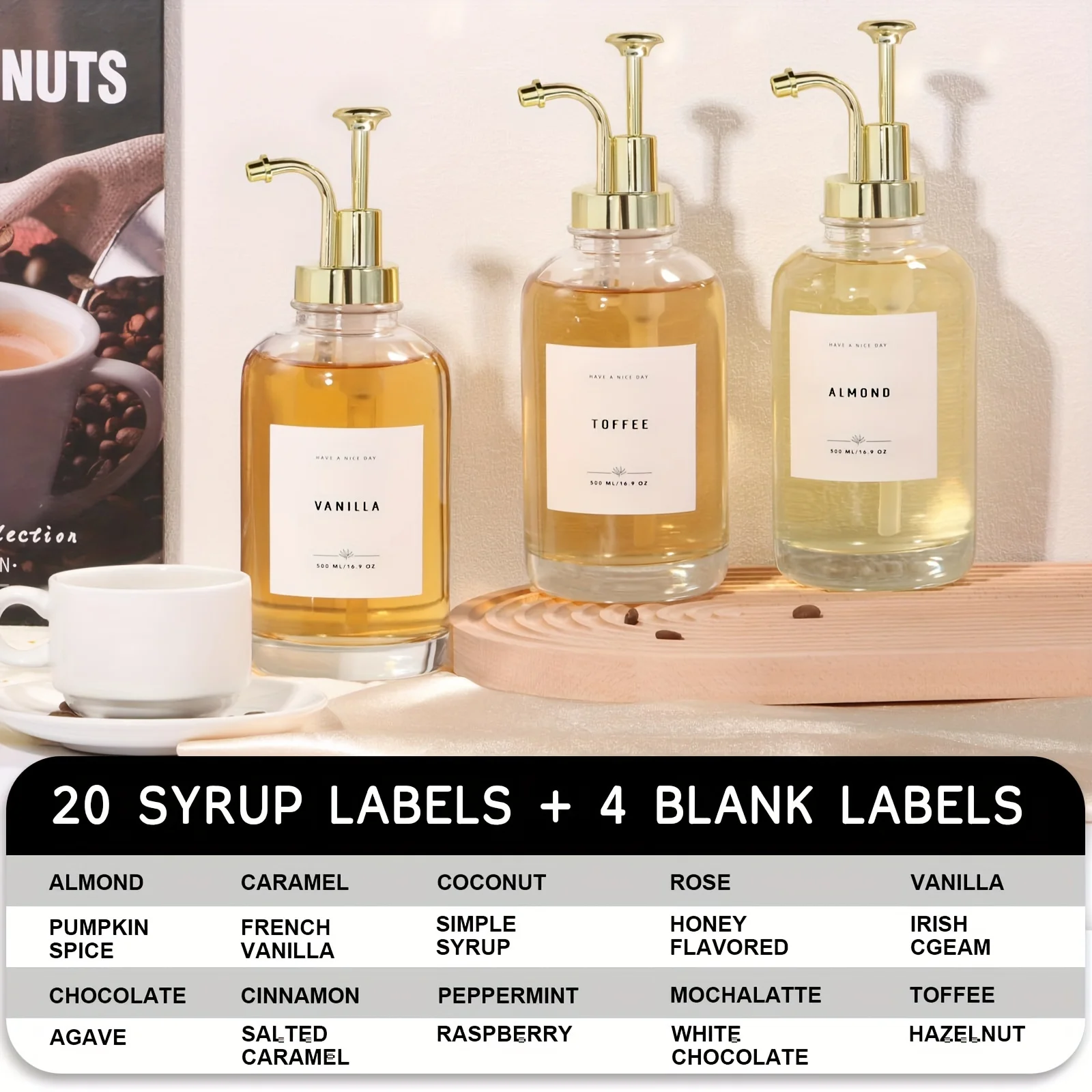 2 Pcs Coffee Syrup Dispenser Set - 16.9oz 500ml Glass Syrup Bottle With Pump And 36 Labels - For Coffee Lovers & Baristas