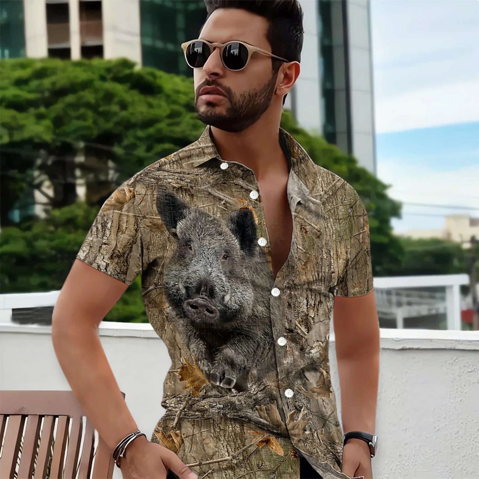 CLOOCL Hunting Animal Pattern Print Shirt for Summer Wear Short Sleeve Shirt Hawaiian Male Clothes for Beach Vacation