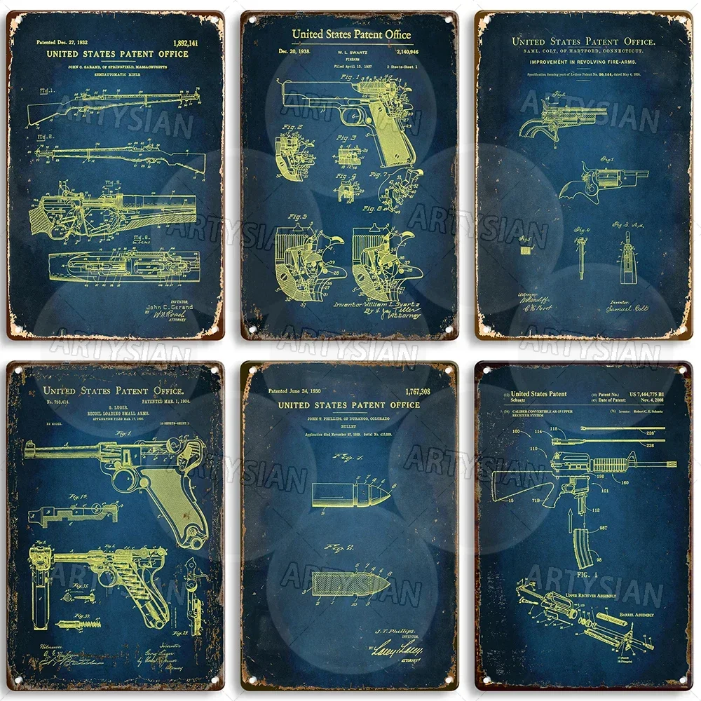 Gun Patent Metal Sign Samuel Colt Revolver Swartz Firearm M1 Garand Luger P08 Scope Browning Cartridge Shotgun Desert Eagle Gun