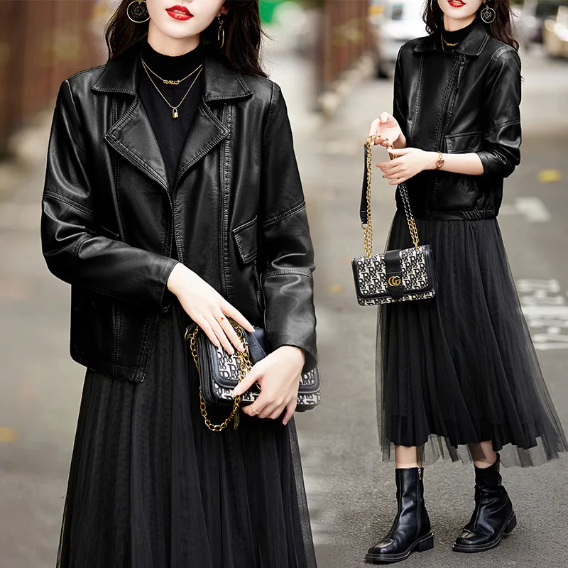 Jaqueta Streetwear com Zíper, Casaco Curto Feminino de Couro Sintético PU com Gola Dobrável, Coleção Outono Inverno NOVO 2026, Ideal para o Trabalho